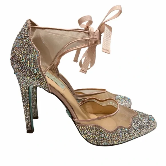 Blue by Betsey Johnson Iris Rhinestone Ankle Pumps Sz 10 Crystal Embellished - Picture 2 of 10